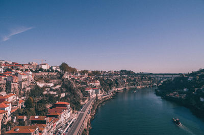 High angle shot of cityscape against clear blue sky