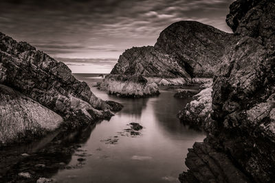 Rock formations by sea against sky