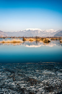 Scenic view of lake against blue sky