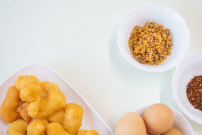 High angle view of breakfast served on table