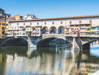 Arch bridge over river against buildings in city