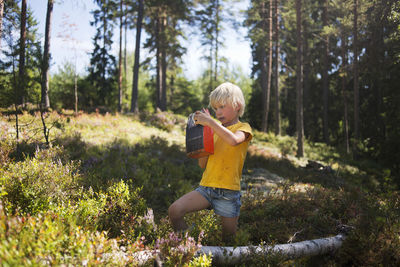 A boy picking blueberries