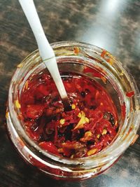 High angle view of drink in jar on table