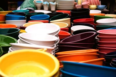 Close-up of multi colored bowls