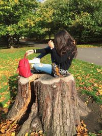 Full length of woman sitting on tree