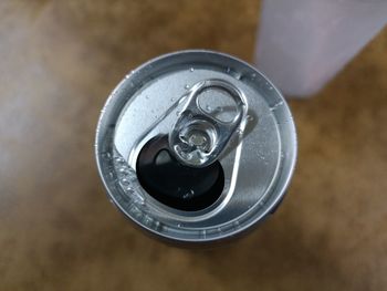 High angle view of drink can on table