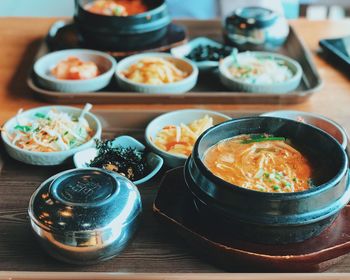 High angle view of food served on table