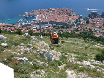 High angle view of townscape against mountain