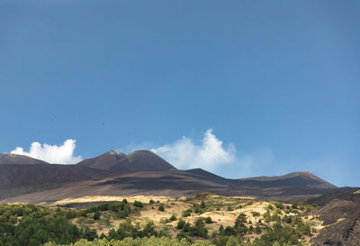 Etna volcano with old lava flow  in a aerial panoramic view from above during sunny day.