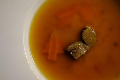 High angle view of soup in bowl on table