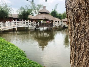 Scenic view of lake by building against sky