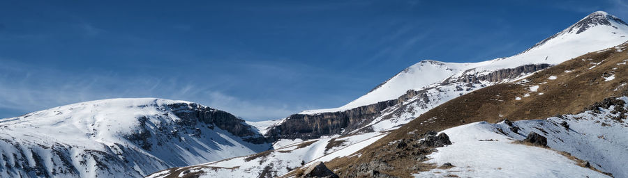 Low angle view of snow covered mountain against sky