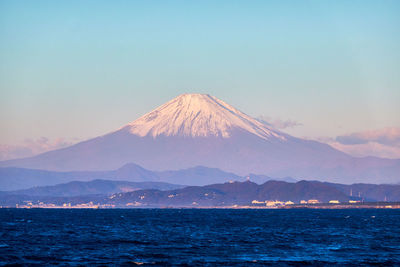 Scenic view of snowcapped mountains against clear sky