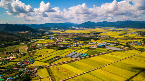 High angle view of agricultural field against sky