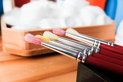 Close-up of colored pencils on table