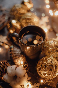 Close-up of christmas decorations on table