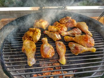 Close-up of meat on barbecue grill