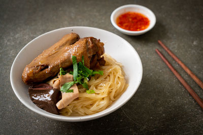 High angle view of food in plate on table