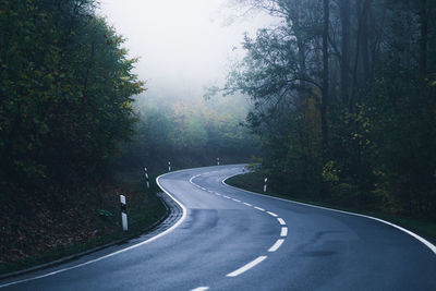 Road amidst trees during foggy weather