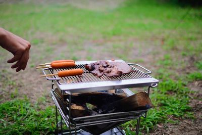 Person preparing food on barbecue grill