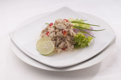 High angle view of food in plate on table