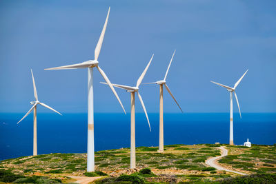 Wind turbines on land against sky