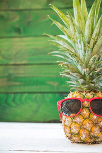 Close-up of potted plant on table against wall