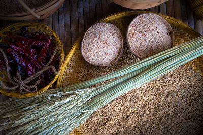 High angle view of wicker basket on table