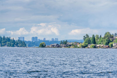 Scenic view of sea and buildings against sky