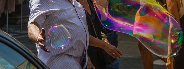 High angle view of rainbow over bubbles