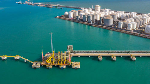 High angle view of commercial dock by sea