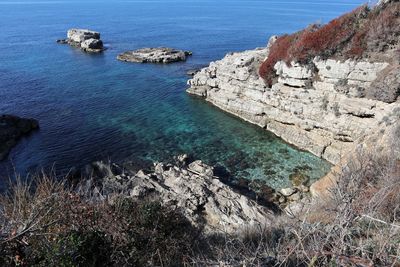 High angle view of rocks on beach