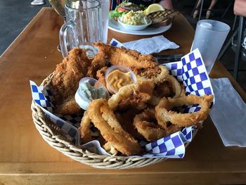 High angle view of bread in plate on table