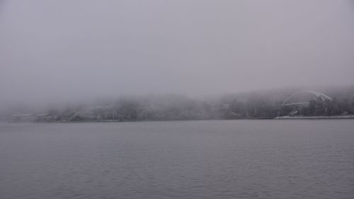 Scenic view of landscape against sky during foggy weather