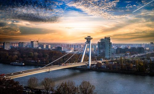 View of suspension bridge at sunset