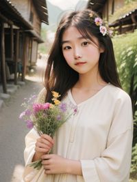 Portrait of smiling young woman with bouquet