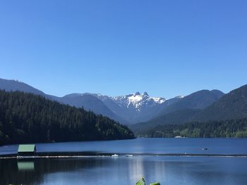 Scenic view of lake and mountains against clear blue sky