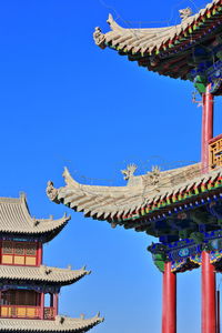 Low angle view of traditional building against clear blue sky