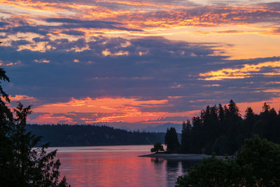 Scenic view of lake against orange sky