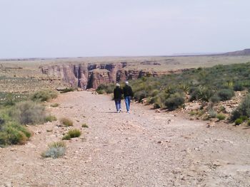 Rear view of man standing on desert against clear sky