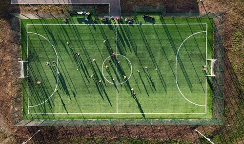 High angle view of soccer on grassy field