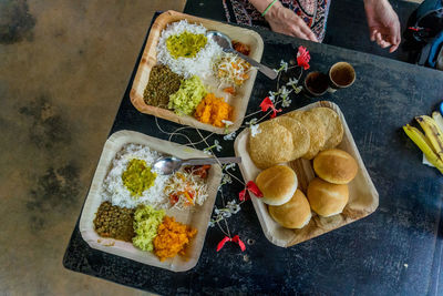 High angle view of breakfast served on table