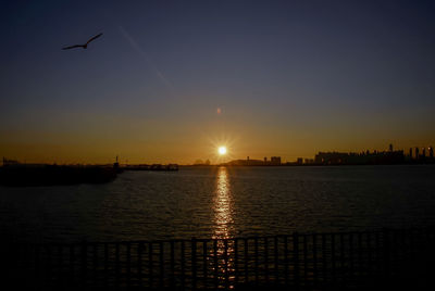 Silhouette birds flying over water against sky during sunset