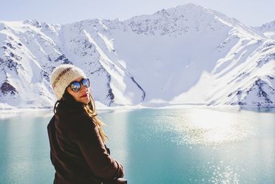 Portrait of woman in snow during winter