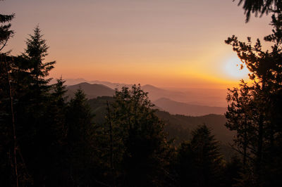 Scenic view of silhouette mountains against sky at sunset