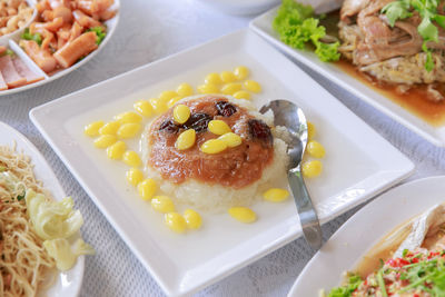 High angle view of food in plate