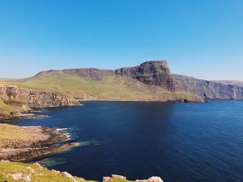Scenic view of sea and mountains against clear blue sky