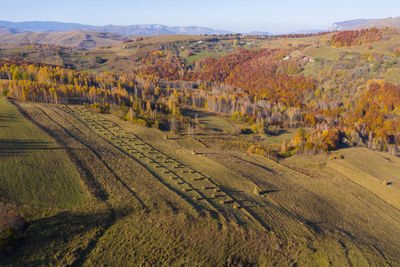 Autumn landscape drone aerial shot in transylvania, romania