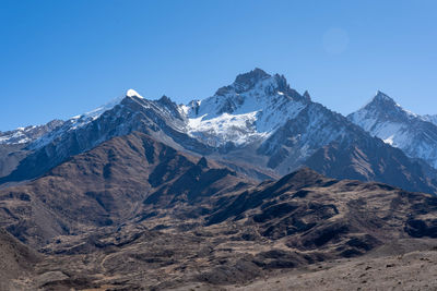 Scenic view of snowcapped mountains against clear blue sky