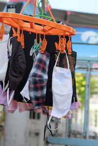 Close-up of clothes drying on clothesline